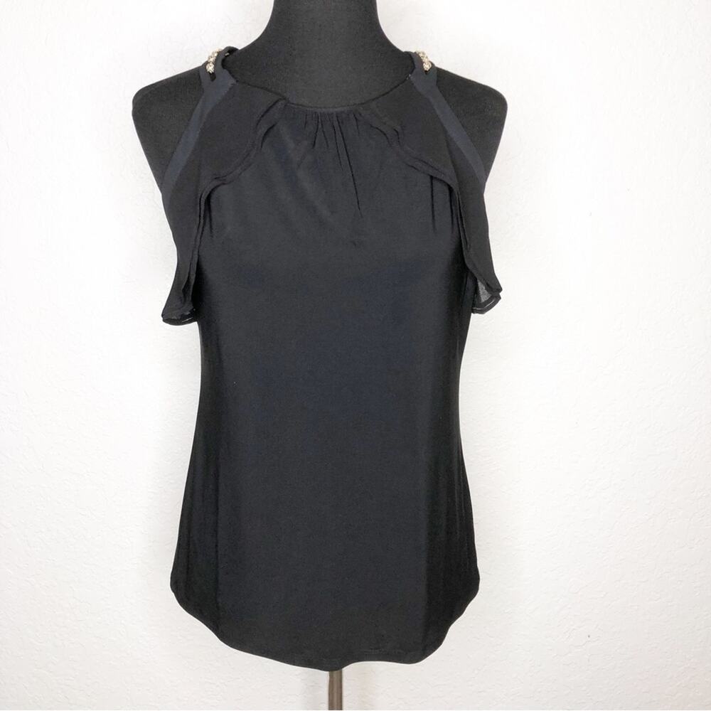 WHBM black ruffle trim gold bead neckline sleeveless top size Small